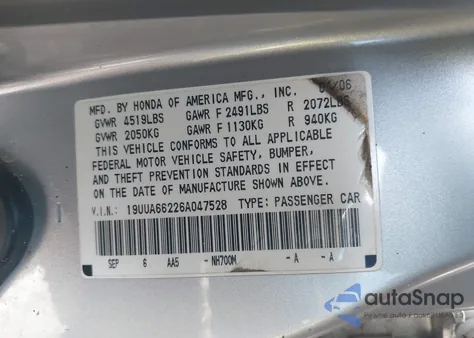 2006 Acura Tl z USA, uszkodzony, nr VIN 19UUA66226A047528